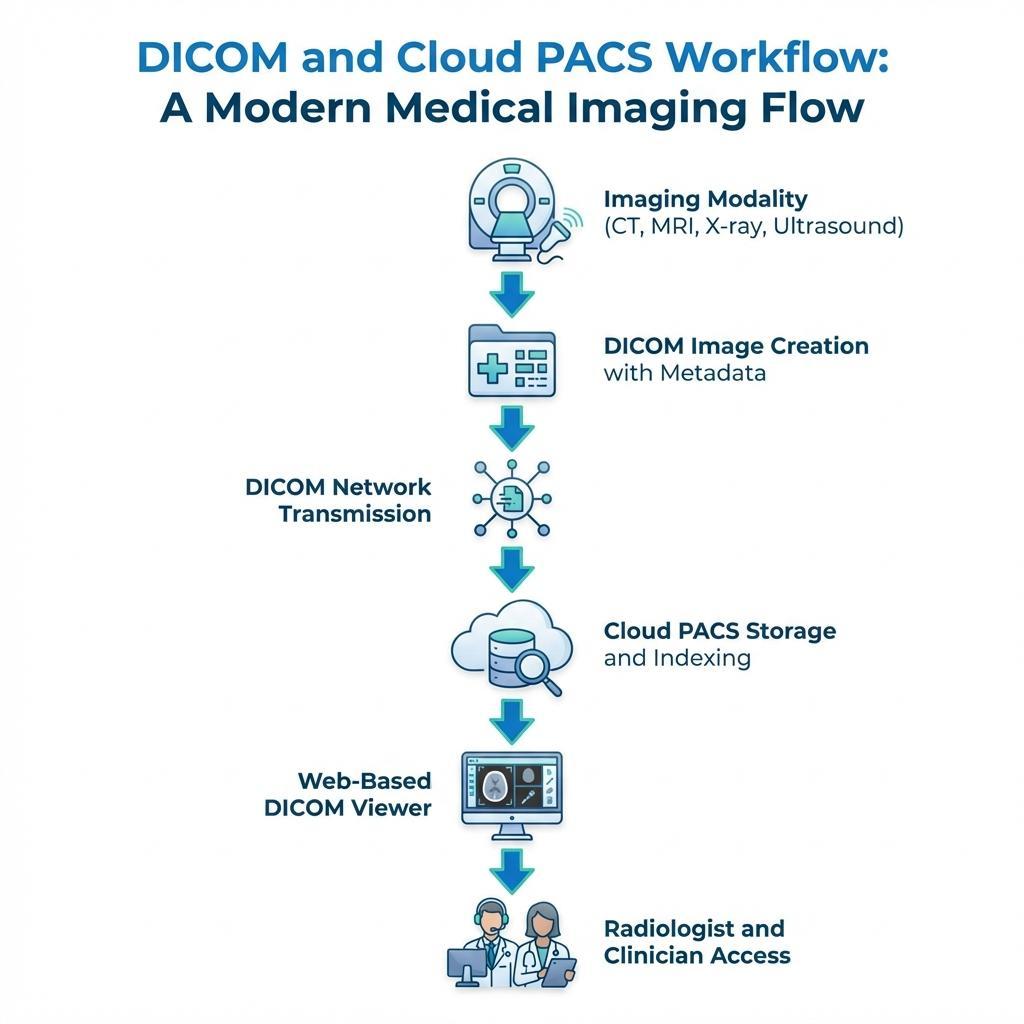DICOM to PACS workflow diagram showing medical imaging data flow from modality to cloud PACS and clinical access